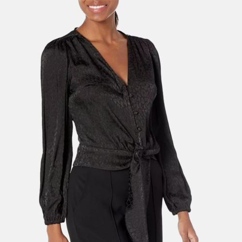 Blusa - Michael Kors Animal Print Jacquard Crop Tie Blousea Black