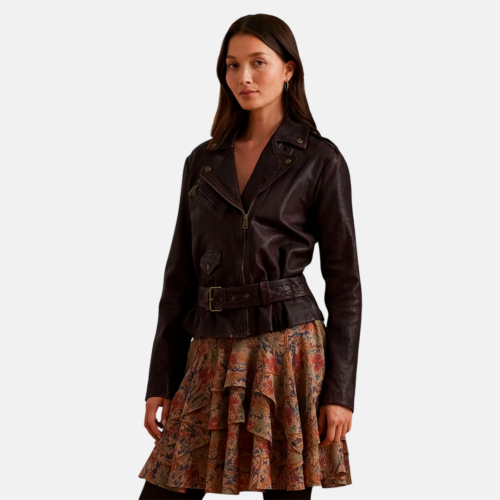 Chaqueta de cuero - Lauren BELTED BURNISHED LEATHER - pinot noir