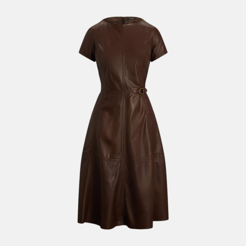 Vestido Lauren- Leather fit-and-flare short-sleeve Caoba Oscura - Imagen 4