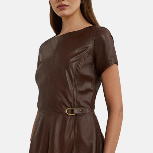 Vestido Lauren- Leather fit-and-flare short-sleeve Caoba Oscura - Imagen 2