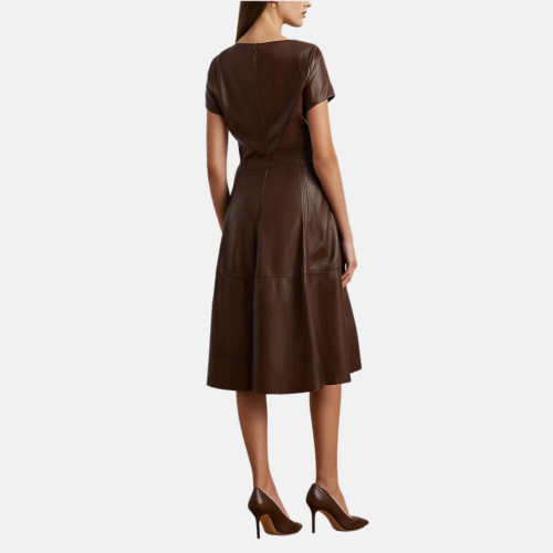 Vestido Lauren- Leather fit-and-flare short-sleeve Caoba Oscura - Imagen 3