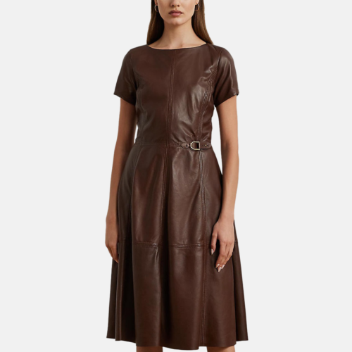 Vestido Lauren- Leather fit-and-flare short-sleeve Caoba Oscura