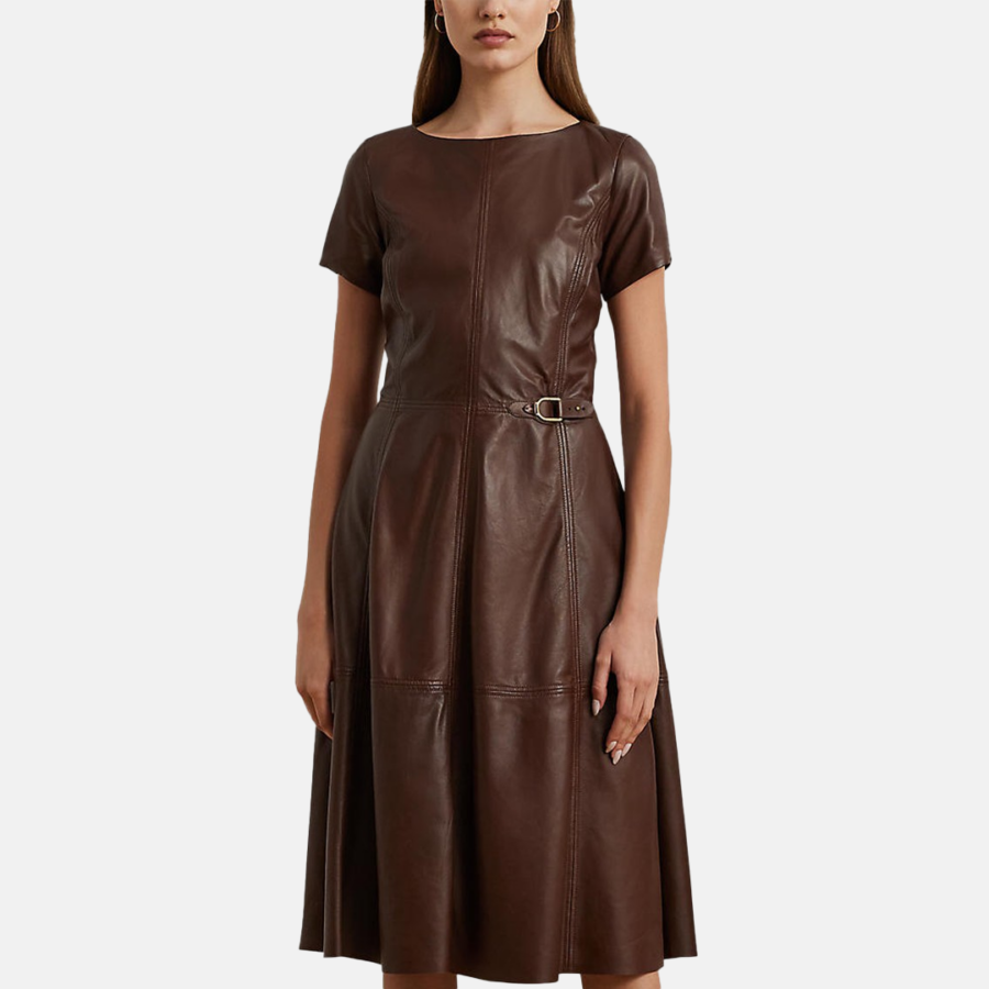 Vestido Lauren- Leather fit-and-flare short-sleeve Caoba Oscura
