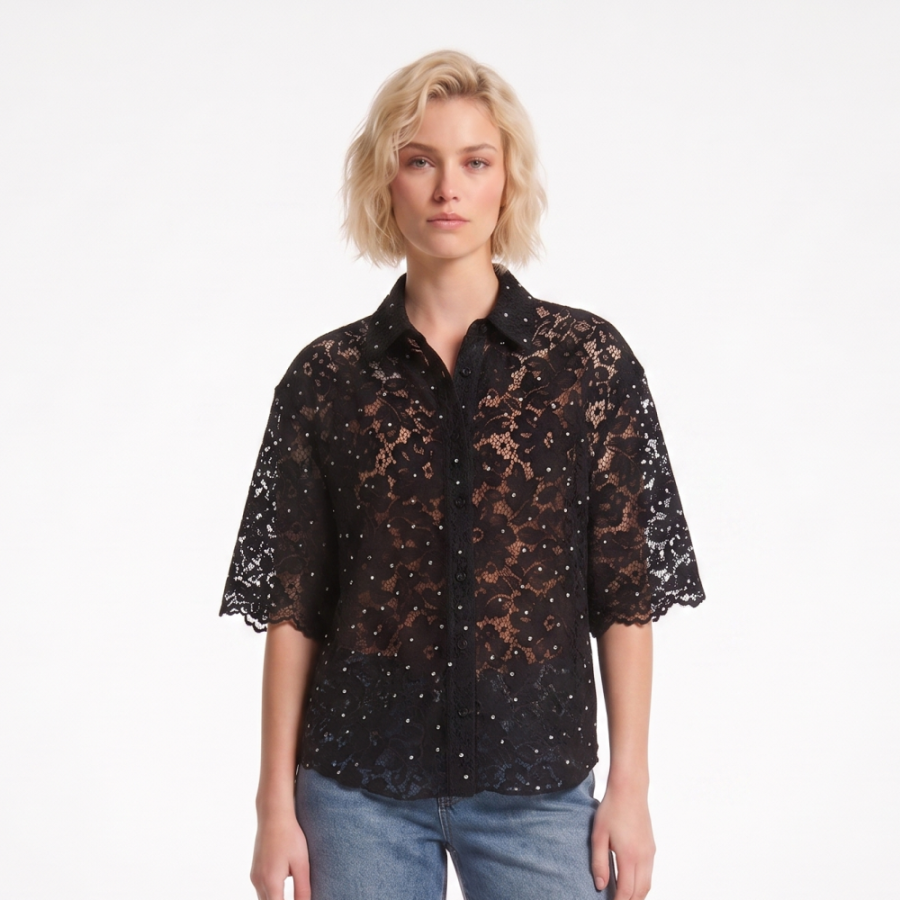 CAMISA - STUDDED FLORAL LACE SHIRT L BLACK - Imagen 1