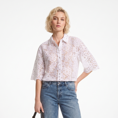 CAMISA - STUDDED FLORAL LACE SHIRT L WHITE